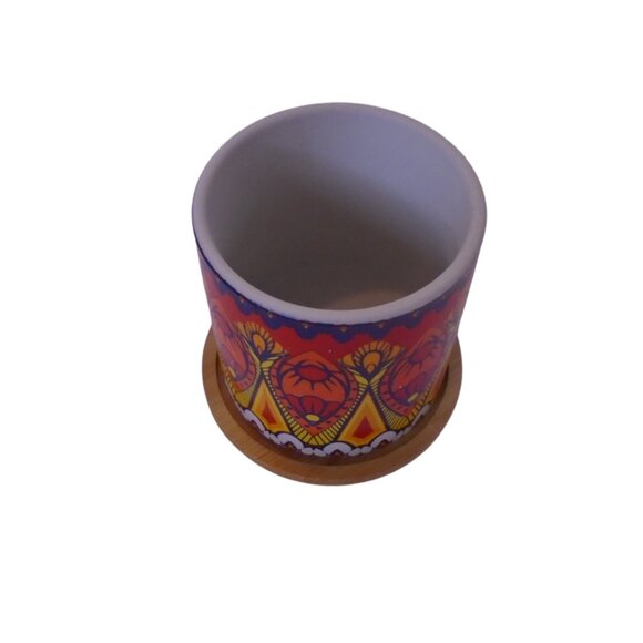 Succulent Pots 3 inch Mandala Boho Red Ceramic with Bamboo Trays 2 Pcs Set - Picture 4 of 6